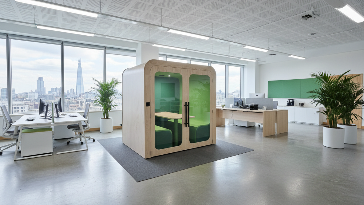 Modern office space with a private booth and cityscape view
