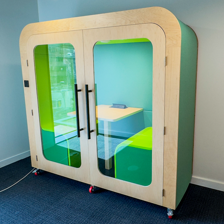 Dapapod double acoustic meeting booth with green interior on castors