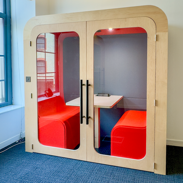 Dapapod acoustic meeting booth with red wool seating
