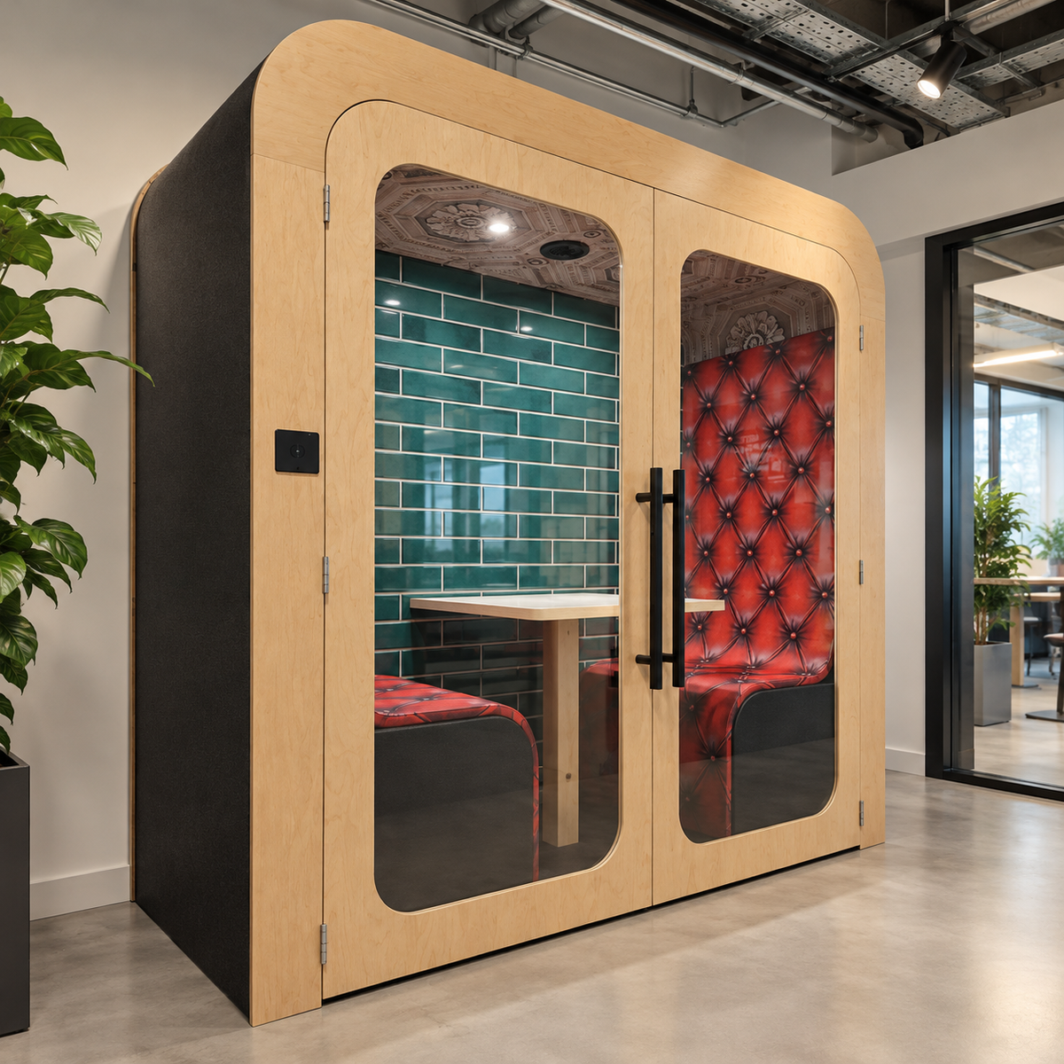 Dapapod booth with black fabric shell and custom printed pub snug interior of green tiles and red buttoned leather