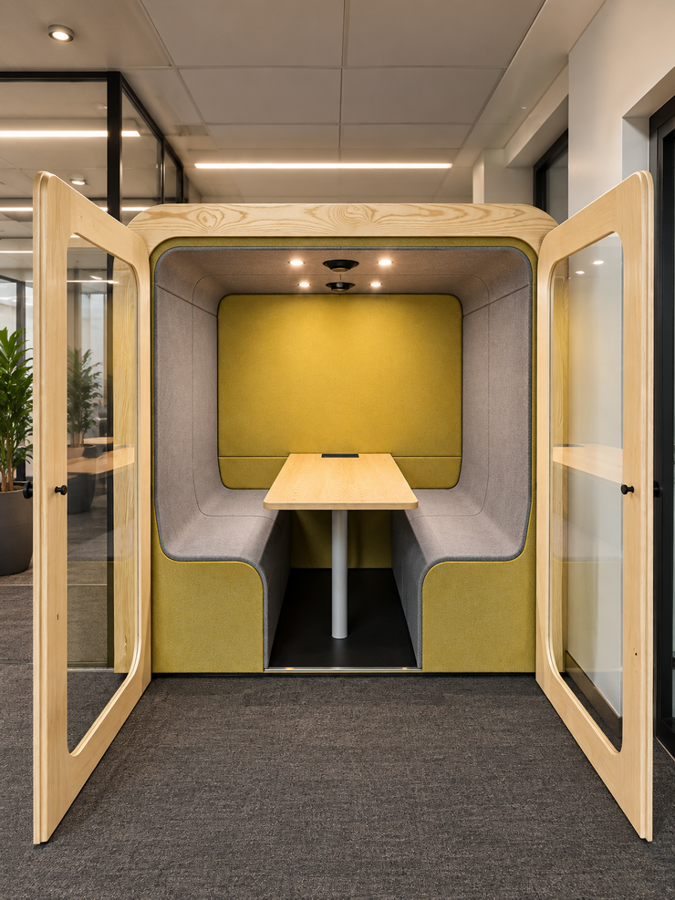 Dapapod four-person acoustic meeting booth with mustard and grey wool interior
