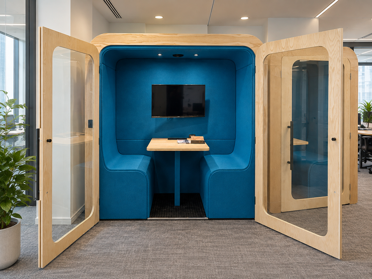 Dapapod four-person meeting booth with petrol blue wool interior and wall-mounted TV