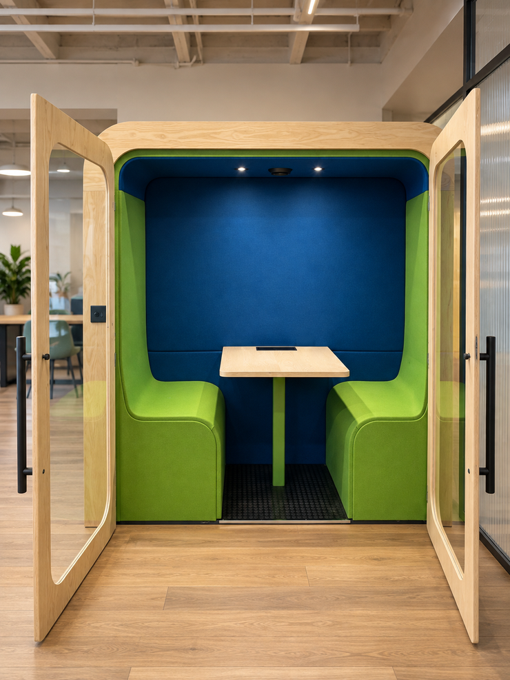 Dapapod acoustic meeting booth with leaf green seats and navy blue wool back wall