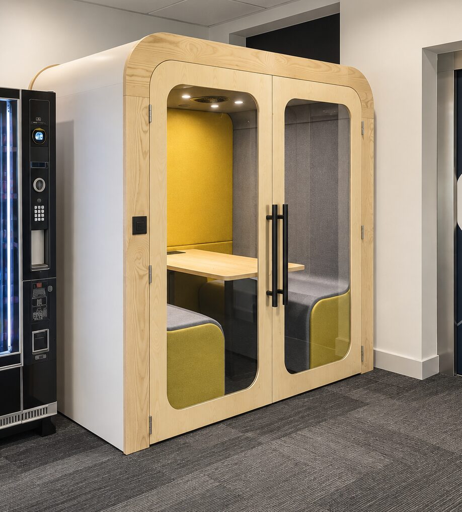 Dapapod four-person booth with mustard interior in a college break area beside a vending machine