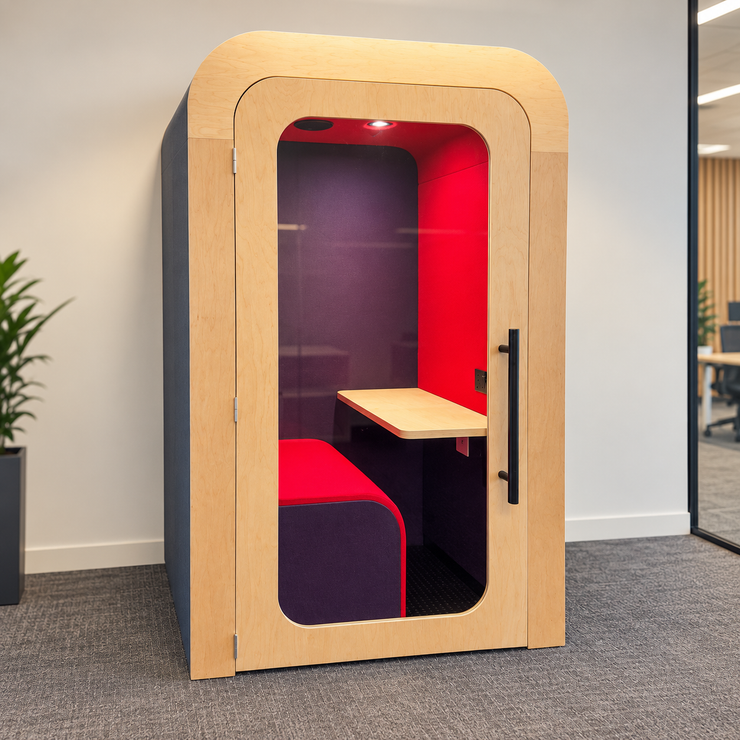 Dapapod single office pod with navy blue fabric shell and red interior