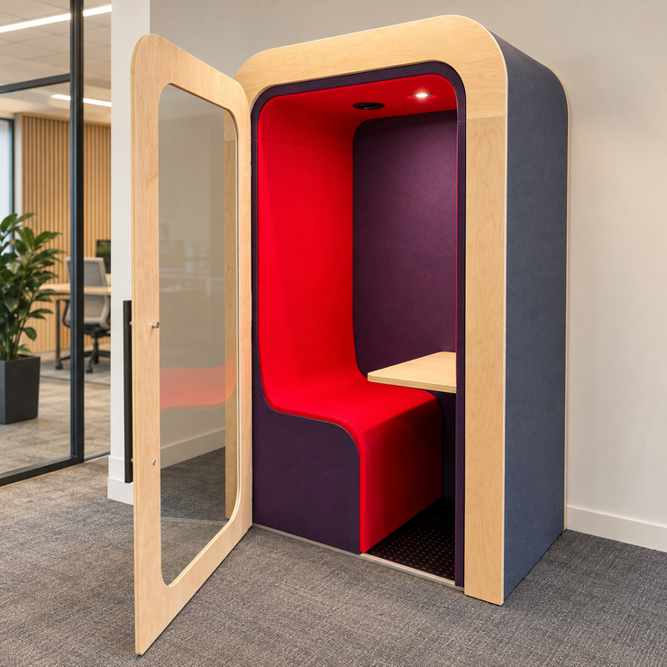 Dapapod single office pod with red seat and aubergine wool interior, door open