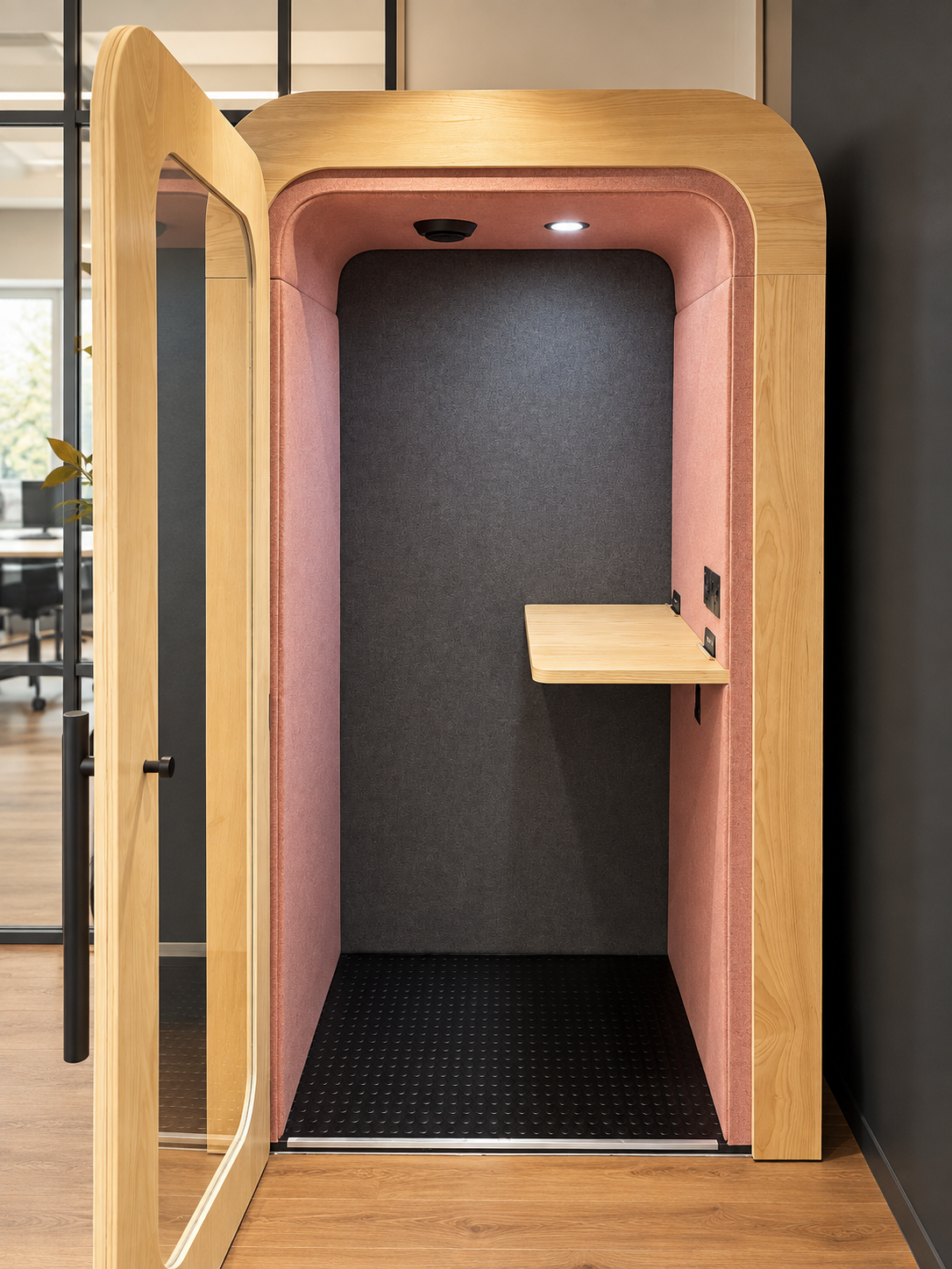 Dapapod standing office pod with fold-out desk and pink and grey wool interior