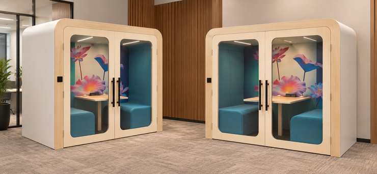 Two Dapapod meeting booths with white shells and custom lotus print interiors