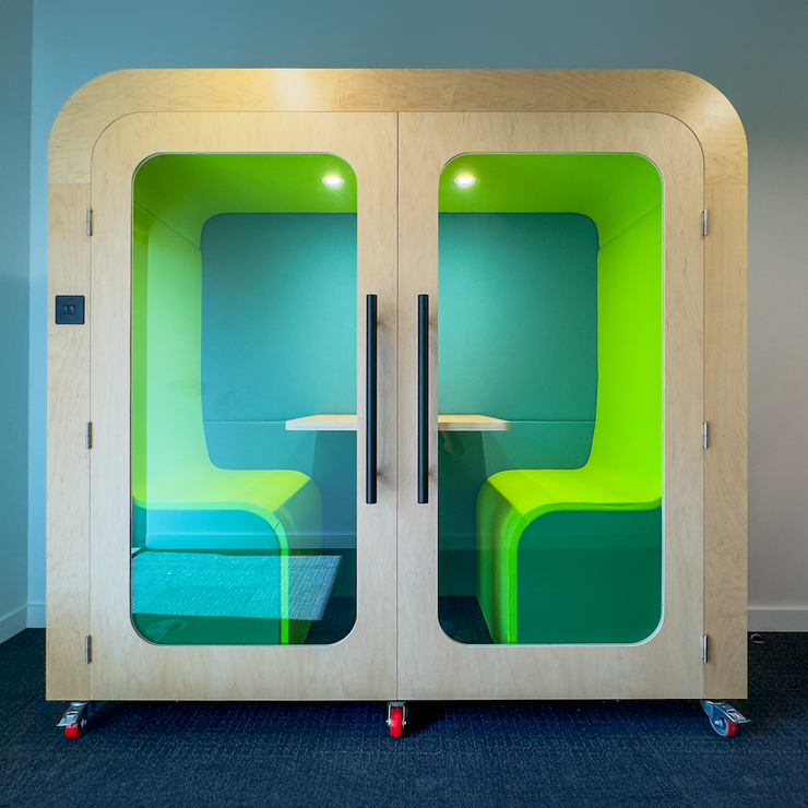 Dapapod mini two-person acoustic booth with green interior on castors