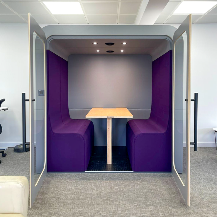 Dapapod four-person acoustic booth with purple wool seating