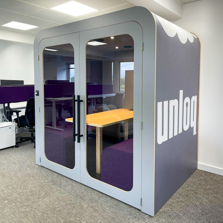 Dapapod office pod with custom printed exterior graphics and purple interior